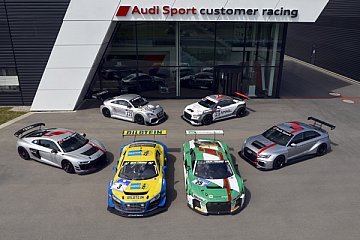 Zehn Jahre Audi Sport customer racing. Hintere Reihe: Audi TT RS, Audi TT cup. Vordere Reihe: Audi R8 LMS GT4, Audi R8 LMS ultra, Audi R8 LMS, Audi RS 3 LMS - Foto: Audfi